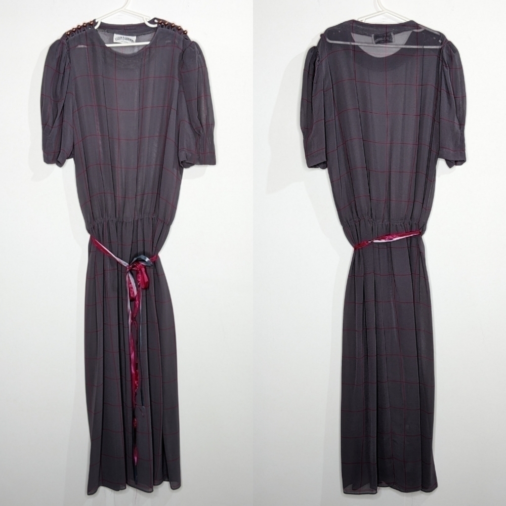 ✨3/$15 Vintage Lizzy & Johnny grey pink sheer dress S
